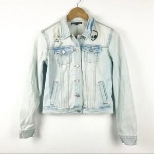 Brandy Melville Crop Jacket Denim Trucker Distressed Alien Patch 90's Y2K Grunge